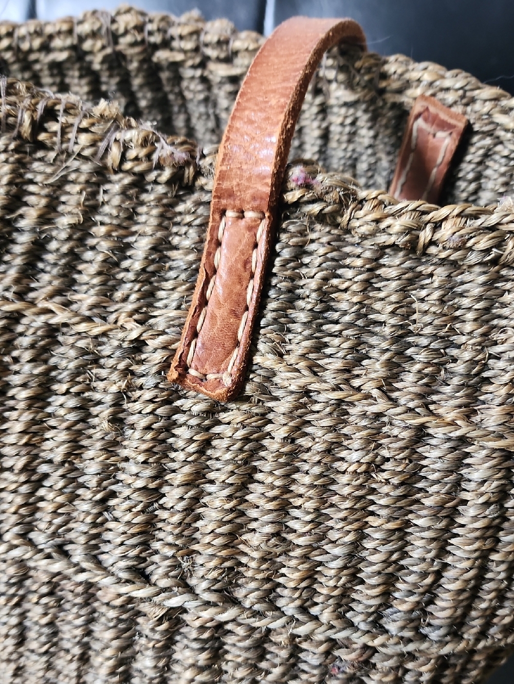 African Woven Sisel Jute Leather Strap Large Market Tote Purse Bag Vintage - Picture 3 of 11